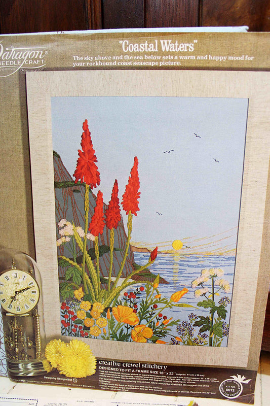 COASTAL WATERS Vintage Paragon Needlecraft Crewel Embroidery Stitchery Kit #0612, Beautiful Seaside Floral Design by Georgia Ball