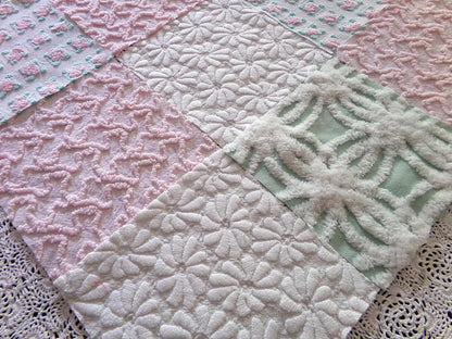 Chenille Squares Set, "Summer Bliss," 16 Vintage Fabric Quilt Blocks, 6" inch in White Daisy, Pink Rosebud, Mint Green, Squiggles