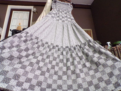 Butterfly Vintage Prairie Dress, Black & White Calico Print, Tie Strap Tiered Maxi Sundress, Candi Jones California, Boho Style Big Sweep, S
