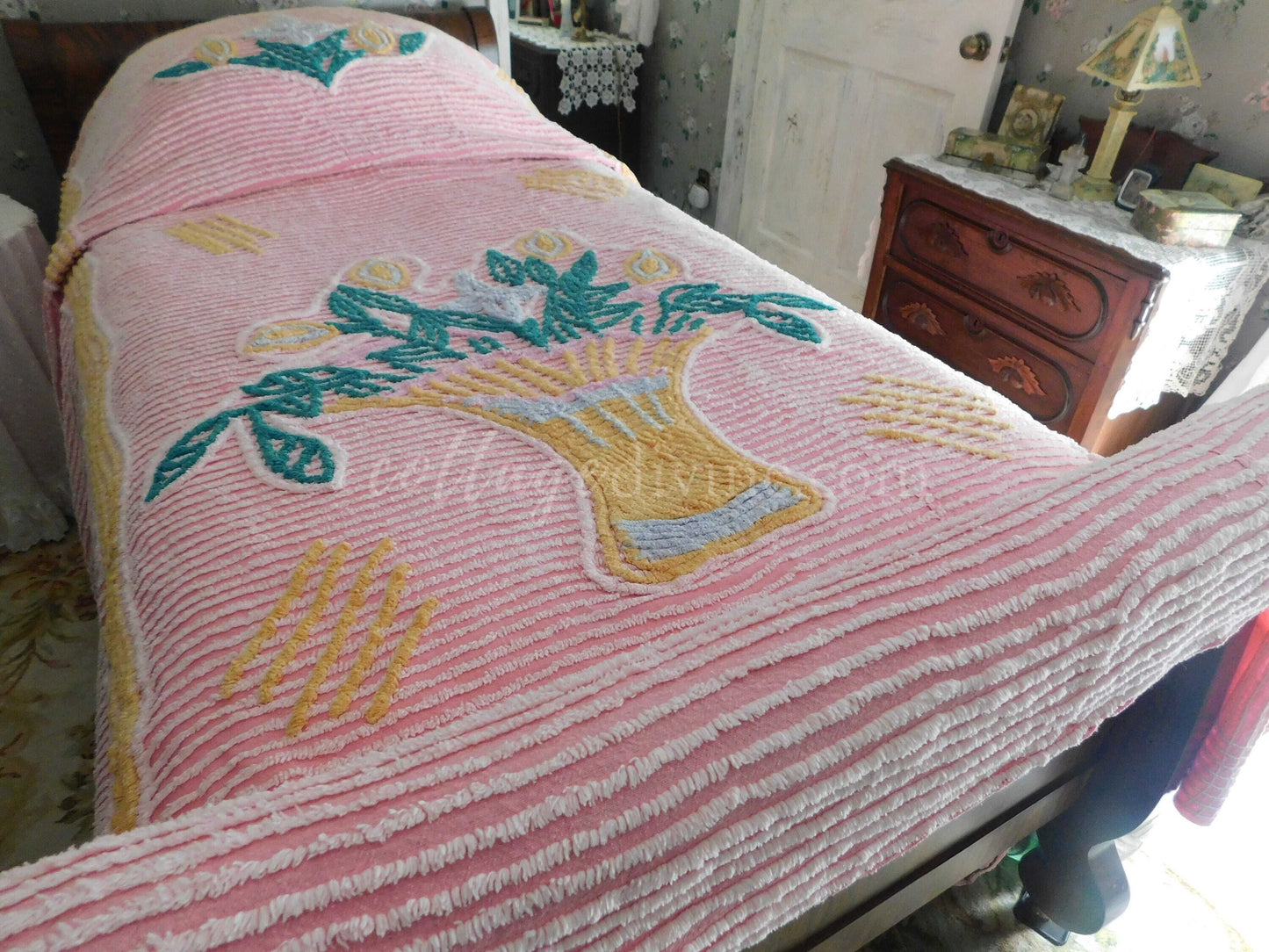 Vintage Chenille Bedspread, Giant Flower Basket on Pink, Full Size, 100% Cotton, Shabby Cottage Bedding