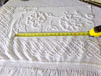 Farmhouse Style White Floral Chenille Fabric, Vintage 16" x 28" inch Piece, Great for Pillows & Quilting