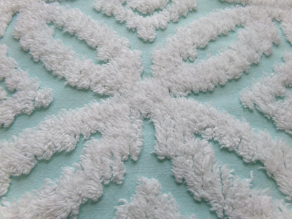 vintage aqua chenille fabric, white petals geometric design, 20" x 24" piece of sewing material