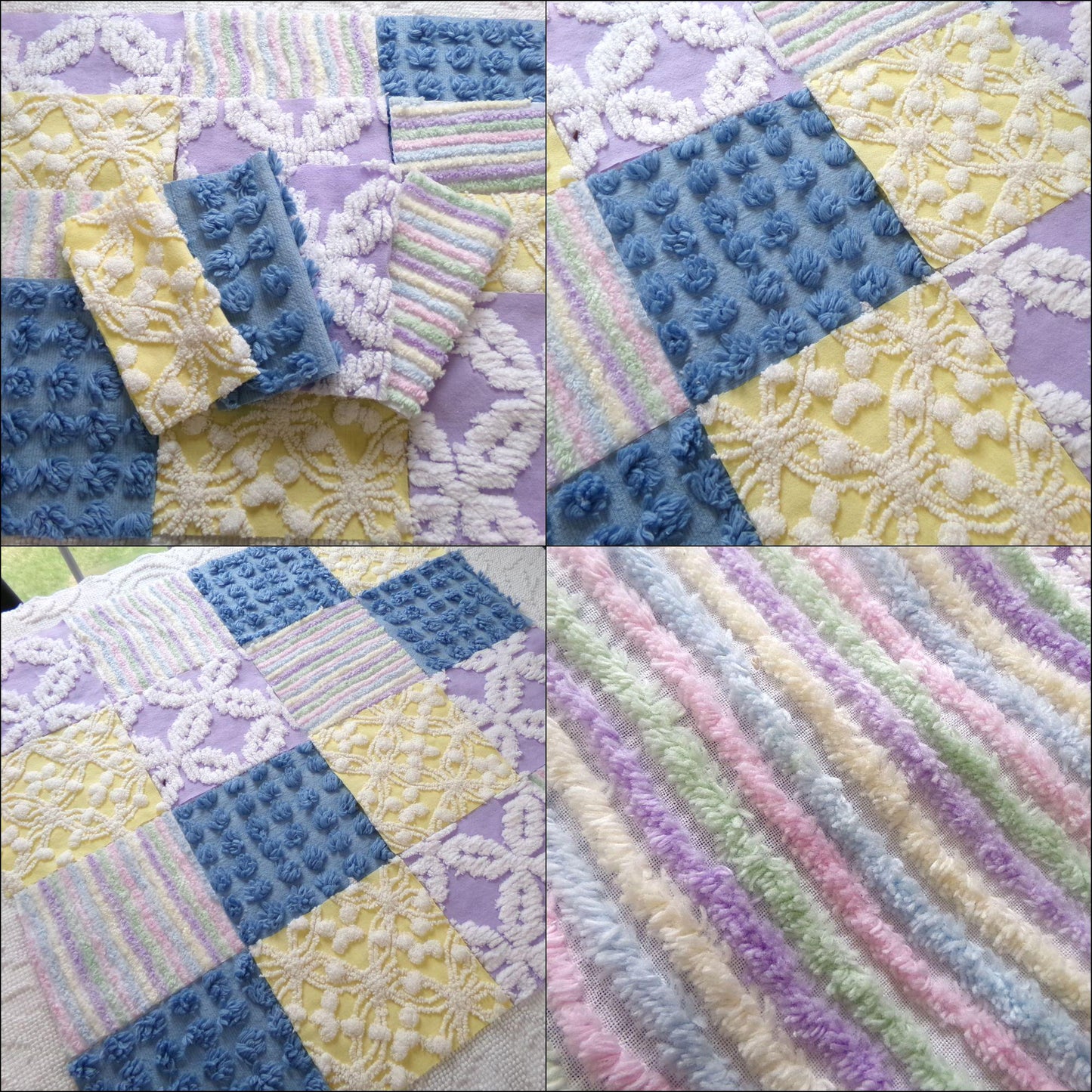over the rainbow chenille fabric squares, set of 16 vintage quilt blocks 6" inches ea, dreamy serene blue, sunny yellow, soft lilac