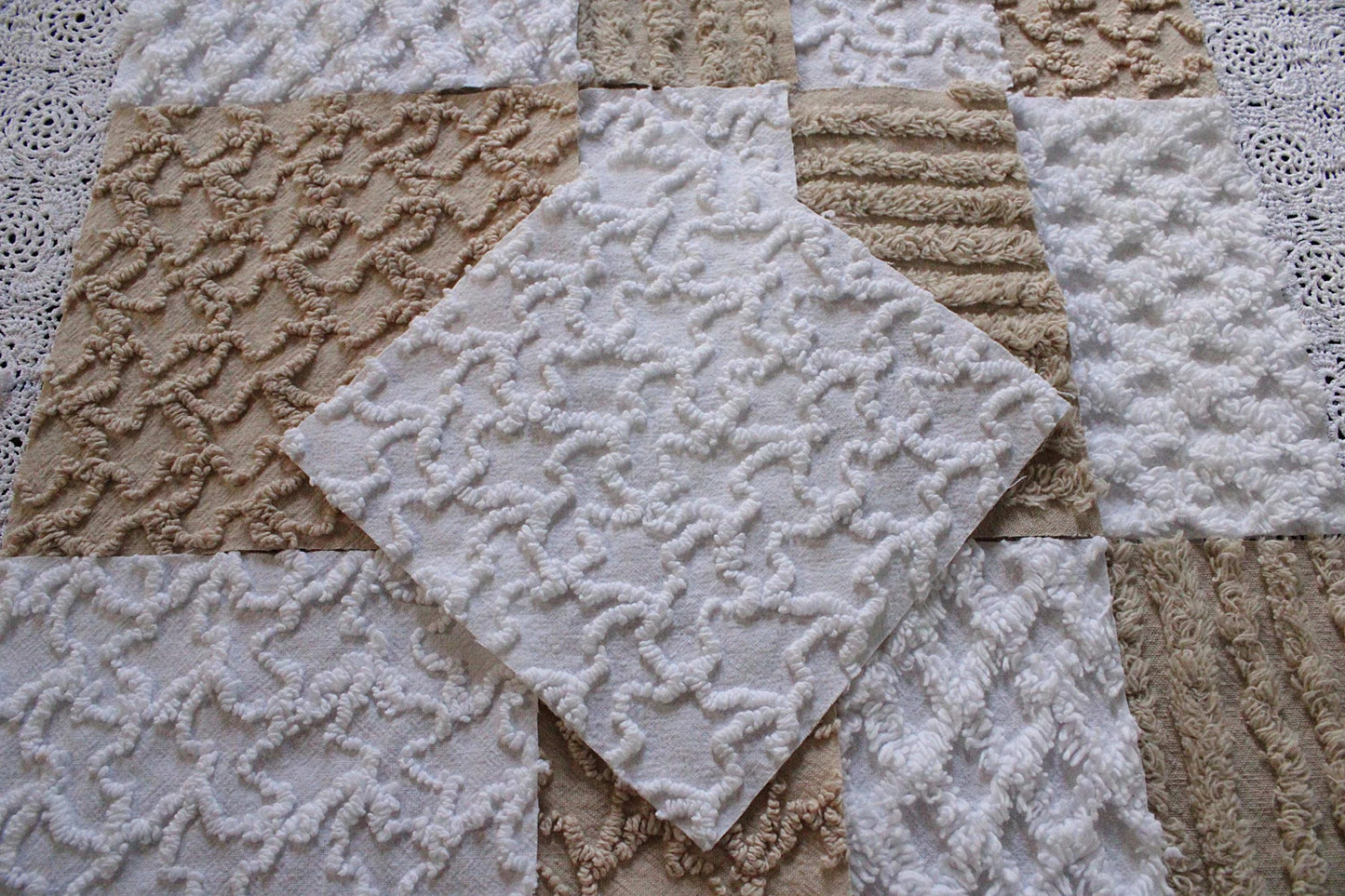 On Trend Neutral Chenille Fabric Squares for Quilting & Crafts in Versatile Sand, Vintage Mocha, White - 16 Rotary Cut Blocks, 6" x 6" inch