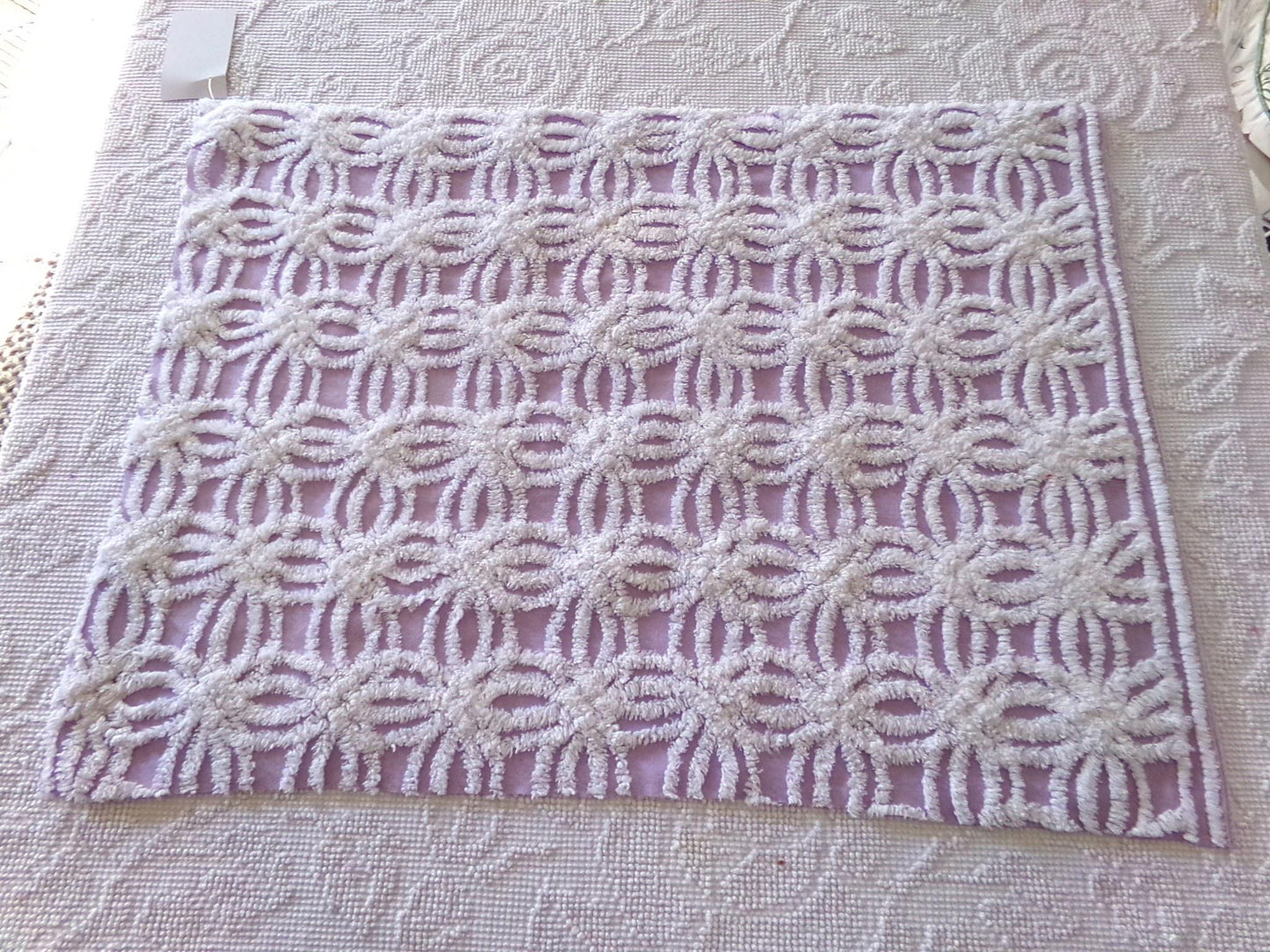 lilac chenille fabric, plush white wedding rings on purple, 18" x 24" inch piece cut from vintage chenille bedspread