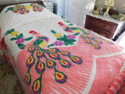 Popular Pink Peacock Vintage Chenille Bedspread, Full Size Boho Glam Bedding