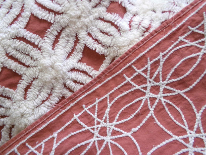 Earthy Terracotta Vintage Chenille Fabric, Plush White Tufted Petal Design, 20" x 24" inch Piece, 100% Cotton Material for Quilts & Crafts