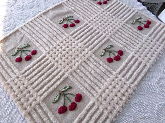 Adorable Cherries Vintage Chenille Fabric, 18" x 24" inch piece of sewing material with 6 cherry bunches for quilts, pillows, wall hanging