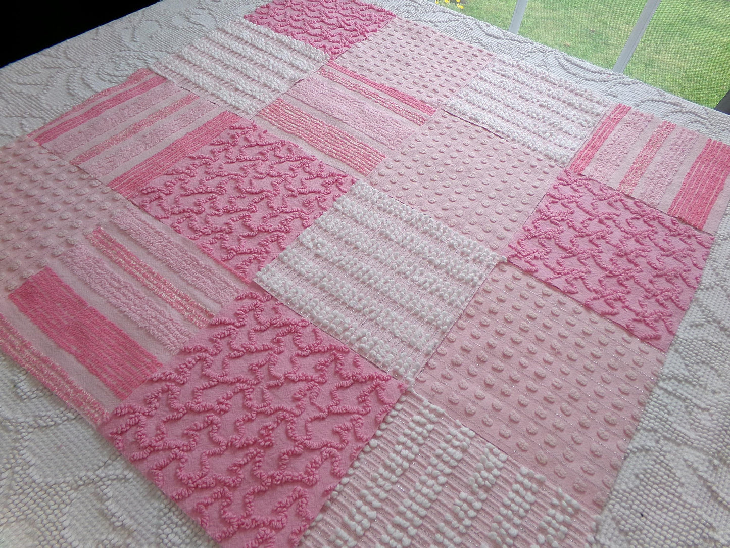 partytime pinks vintage chenille fabric squares, set of 16 fun 6" quilt blocks for quilting, sewing, crafts