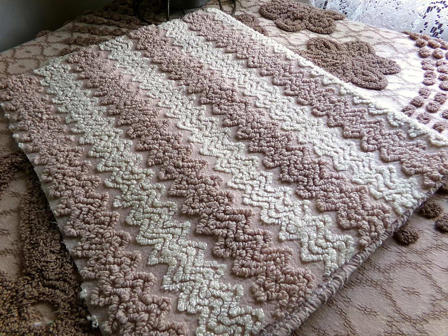Vintage Chenille Fabric in Toasted Mocha & Vanilla Cream, 19" x 25" inch Piece, Texturized Zig Zags