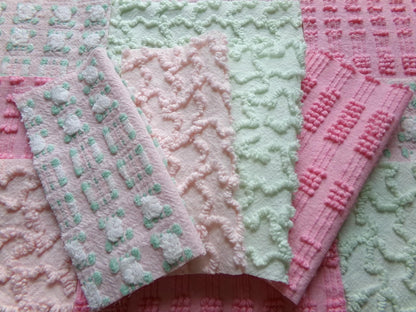 phantom rose 6" chenille squares, green, pink, white rosebud, set of 16 quilt blocks rotary cut from vintage chenille bedspread fabrics