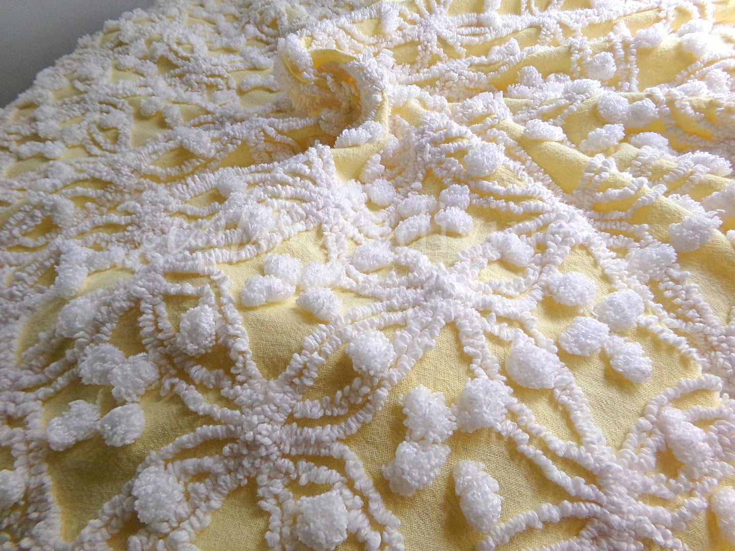 Sunny Yellow Vintage Chenille Fabric, White Geometric Wedding Ring & Pop Design, 20" x 24" Inch Piece, Popular in Handmade Quilts