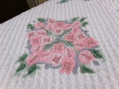 Plush Luxury Pink Rose Vintage White Chenille Bedspread, 100% Cotton, Twin Size