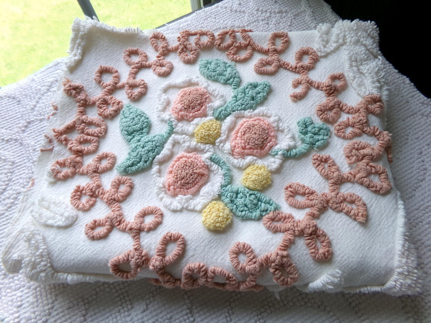 frosted cake sculpted vintage chenille fabric, cream botanicals & autumn roses, 35" x 20" inch piece of beautiful sewing material