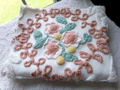 frosted cake sculpted vintage chenille fabric, cream botanicals & autumn roses, 35" x 20" inch piece of beautiful sewing material