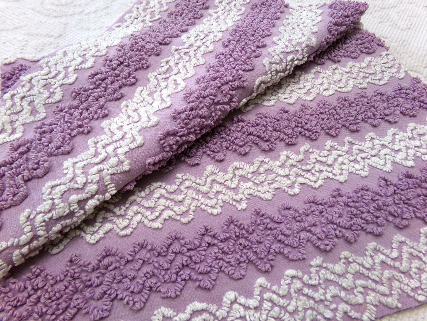 Lavender Frost Vintage Chenille Fabric, Textured Zig Zag Design, Purple & White Quilt Sewing Material, 18" x 24"
