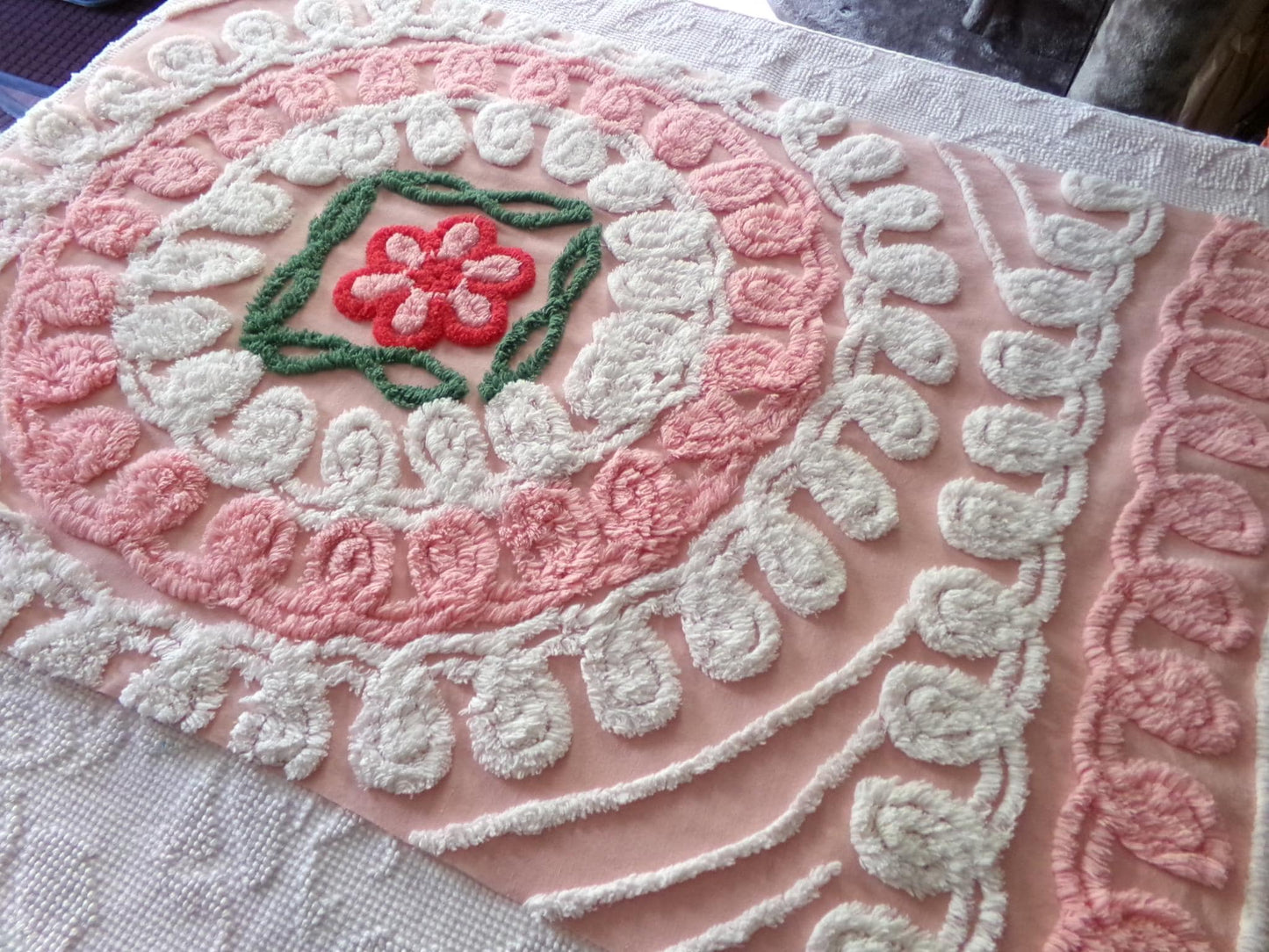 beautiful shabby pink vintage chenille fabric, frosted wedding cake design with rose flower, 20" x 31" inch piece of sewing material