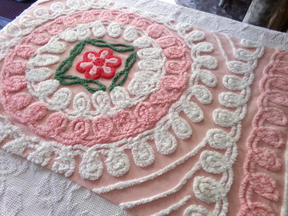 beautiful shabby pink vintage chenille fabric, frosted wedding cake design with rose flower, 20" x 31" inch piece of sewing material