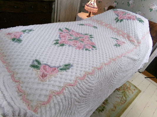 Plush Luxury Pink Rose Vintage White Chenille Bedspread, 100% Cotton, Twin Size