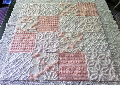 Chenille Fabric Squares Set, "Charmed", 16 Vintage Quilt Blocks, 6" inch in Pinks & White