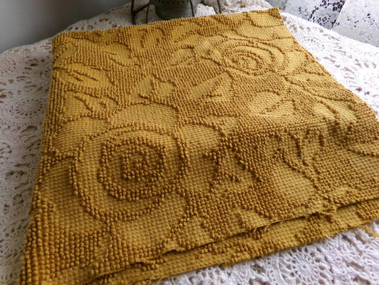 boho rose hobnail chenille fabric, vintage saturated retro harvest gold woven sewing material with pom pom trim 20" x 24" inch reversible pc