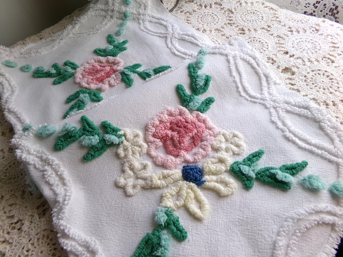 cottage style wildflower vintage chenille fabric, jadeite pops on white cotton, 22" x 23" inch piece of sewing material for quilting, crafts