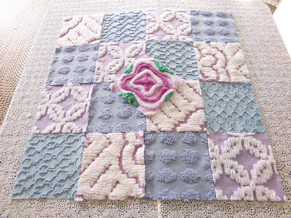 sleep sweetly chenille fabric squares, calming blue, lilac & white, 17 vintage quilt blocks 6" x 6" inch, for pillows, quilting, crafts