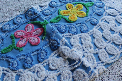 Sky Blue Swirls Vintage Style Chenille Fabric, 16" x 28" Inch Floral Piece, White Curlicues