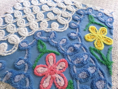 Teardrop Blue Floral Vintage Chenille Fabric, 20" x 21" Inch Piece, Great for Pillow Cover