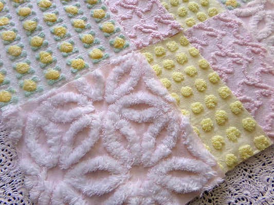 Spring Dance Chenille Quilt Squares, Cheerful Craft Square Set from Vintage Bedspread Fabric, 16 Blocks, 6" x 6" inch, Pink & Yellow