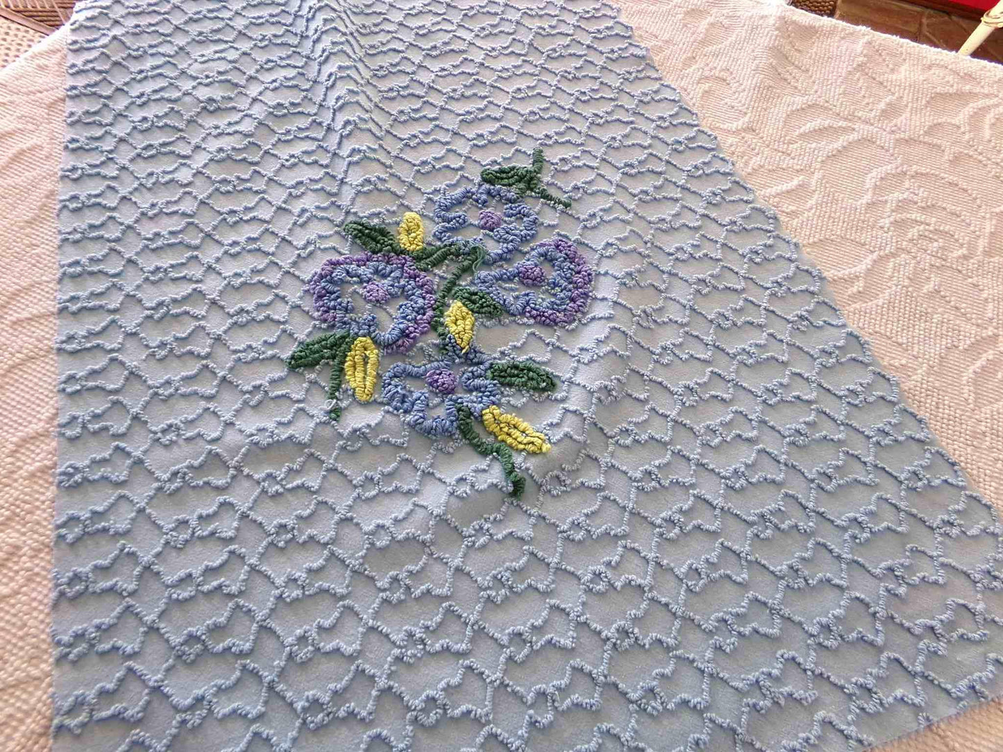 Evening Blue Floral Vintage Chenille Fabric in Chain Link Design with Tufted Flowers, 27" x 18" inch Piece, 100% Lightweight Cotton Material