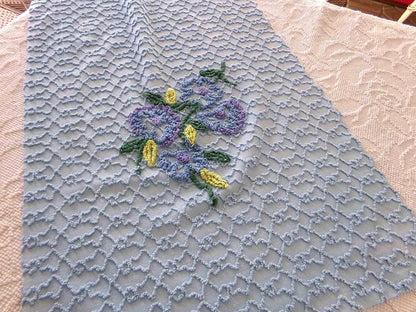 Evening Blue Floral Vintage Chenille Fabric in Chain Link Design with Tufted Flowers, 27" x 18" inch Piece, 100% Lightweight Cotton Material