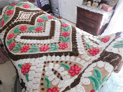 Chocolate Cherry Heart Cake Midcentury Vintage Chenille Bedspread, Cotton, Full Size