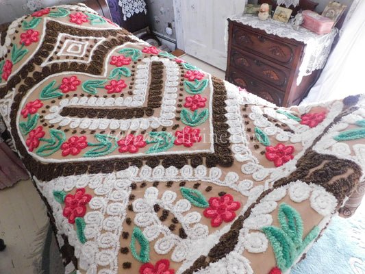 Chocolate Cherry Heart Cake Midcentury Vintage Chenille Bedspread, Cotton, Full Size