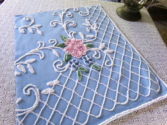 Cottage Romantics Pink Rose Vintage Chenille Fabric, 18.5" x 23" inch Piece, Sky Blue Bkgd, for Pillow Covers, Quilting, Fiber Arts & Crafts
