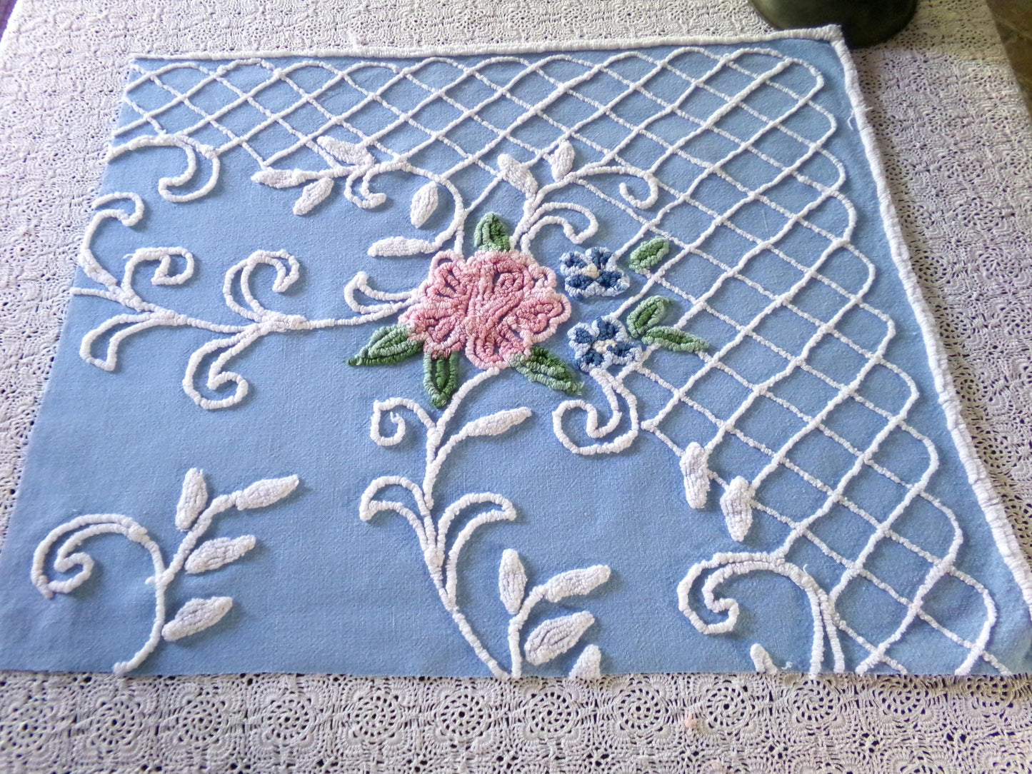 Cottage Romantics Pink Rose Vintage Chenille Fabric, 18.5" x 23" inch Piece, Sky Blue Bkgd, for Pillow Covers, Quilting, Fiber Arts & Crafts