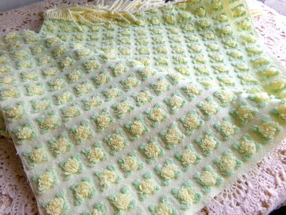 rosebud chenille fabric in radiant lemon chiffon, 18" x 25" piece of vintage quilt material with little yellow rosebuds