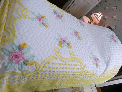 cottage charm vintage chenille bedspread, summer flowers, white dots & golden yellow accents, full size bedding