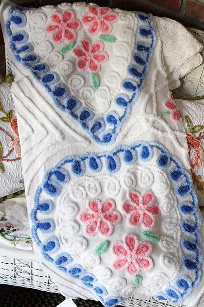 Cottage Hearts & Pink Roses Vintage Chenille Fabric, Classic 50s Design, 38" x 18" inch LARGE piece
