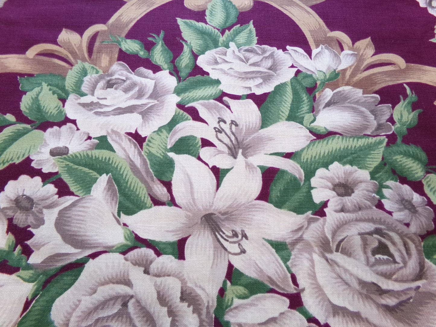 Shabby Vintage Barkcloth STYLE Cotton Fabric, Golden Beige Roses & Lilies on Rich Maroon Wine 21" x 30", Deconstructed Curtain Panel